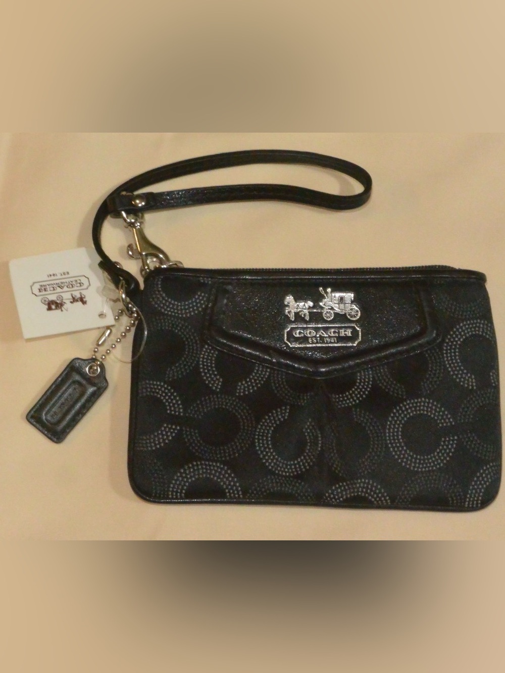 Coach Black Signature Wristlet with Silver Logo NWT